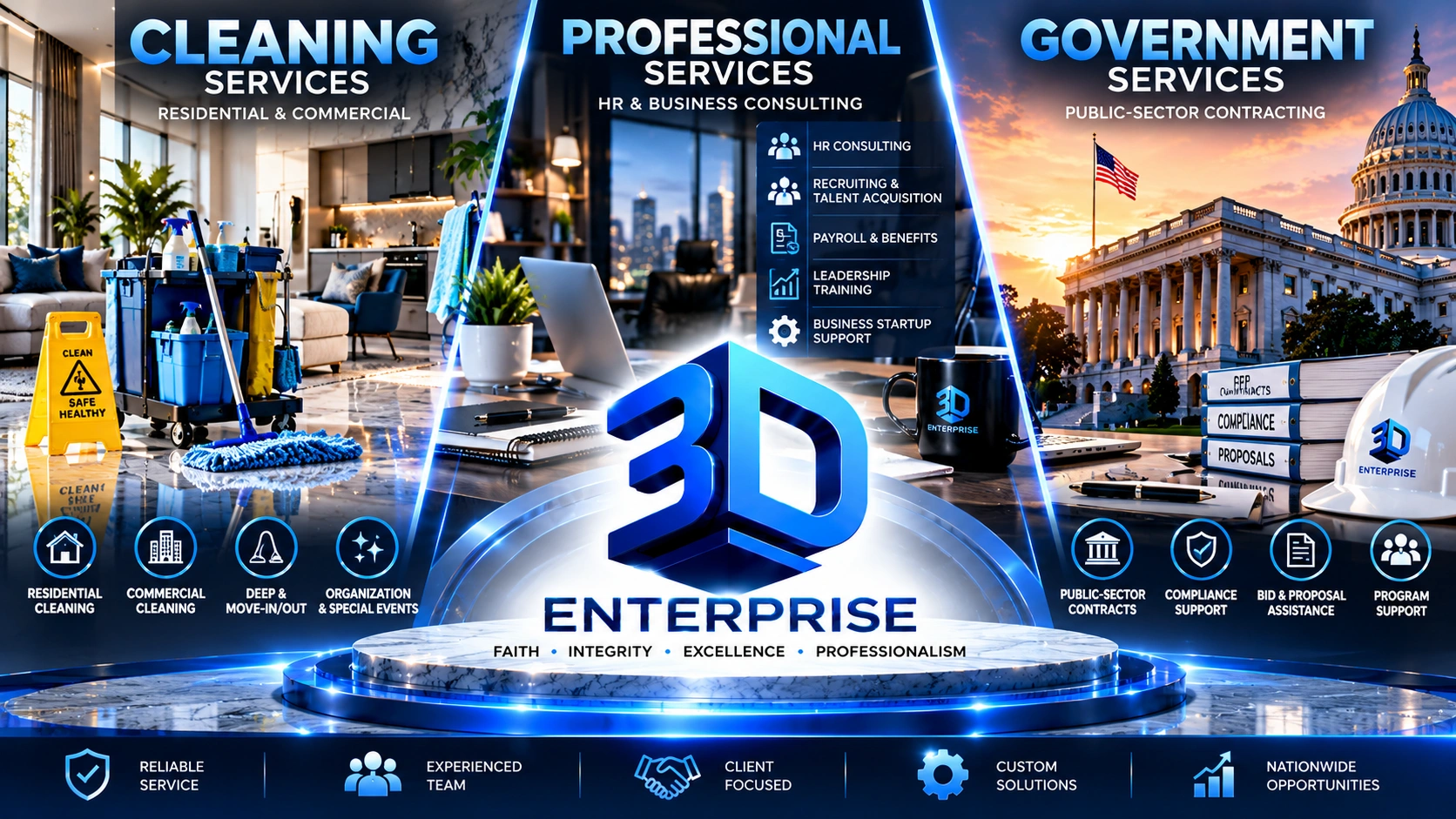 3D Enterprise brand artwork: the company's blue 3D mark on a lit stage beneath panels for cleaning services, professional services, and public-sector contracting, with service badges and the values faith, integrity, excellence, and professionalism