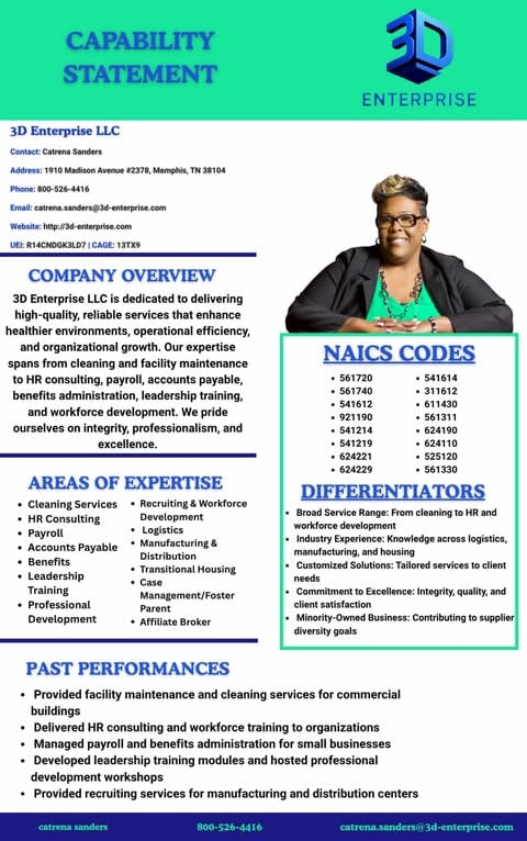 3D Enterprise LLC capability statement, including company information, NAICS codes, differentiators, and past performances