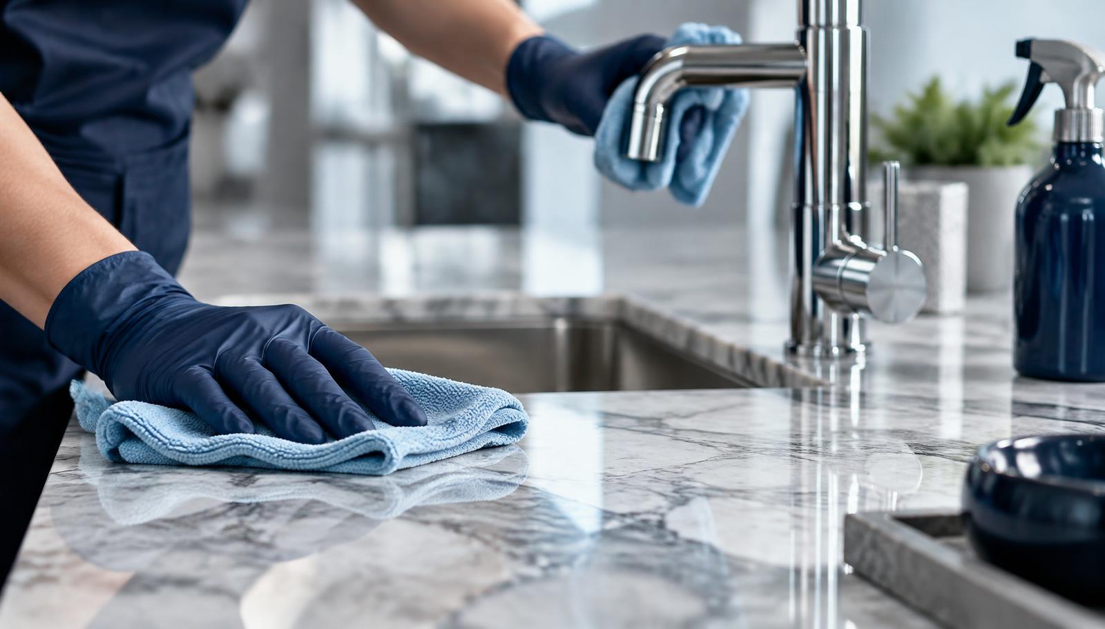 Detailed cleaning of a polished kitchen countertop