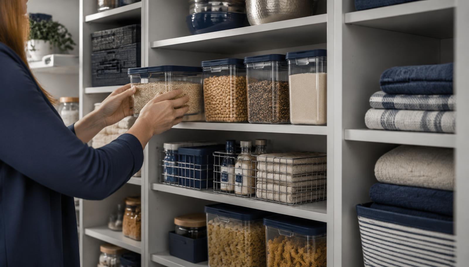 Organized pantry storage with neatly arranged bins