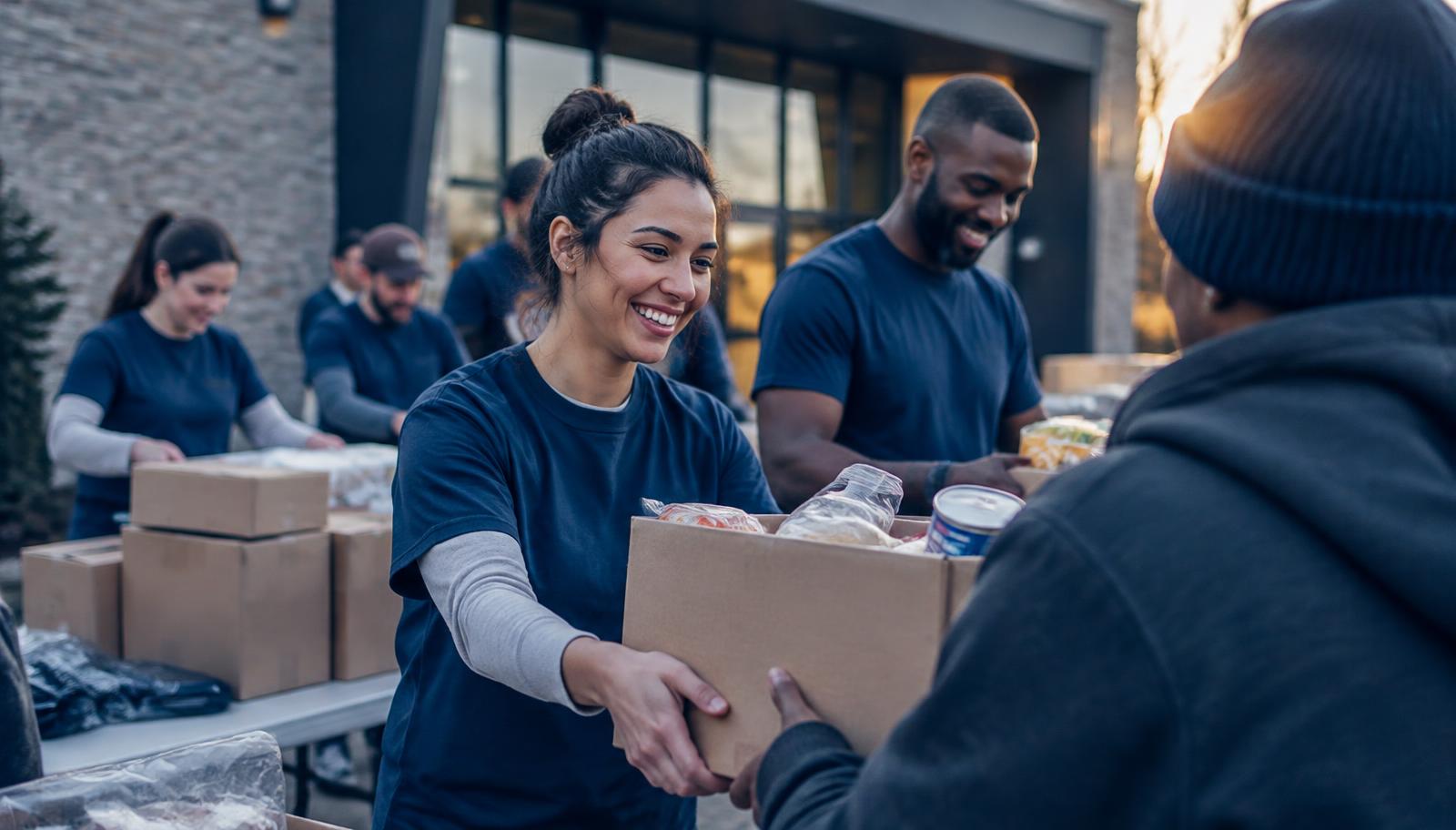 Team members working together at a community service event