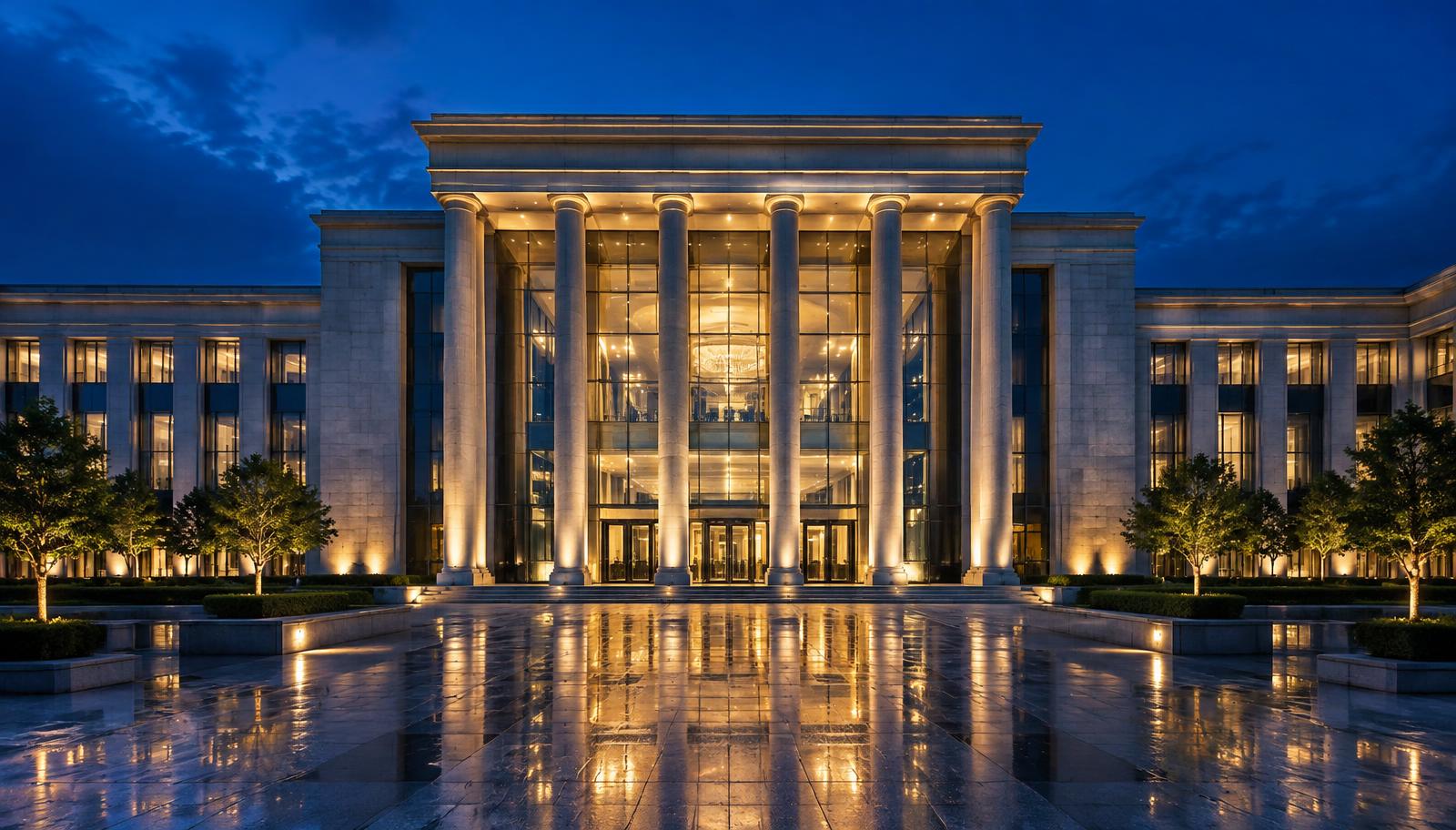 Civic government building exterior at dusk