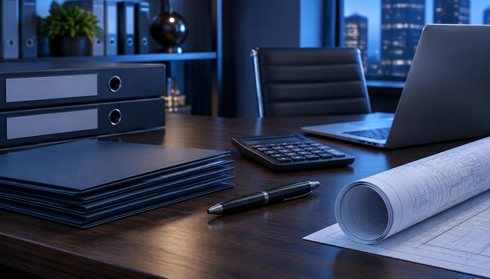 Orderly procurement workspace with binders, folders, and a laptop