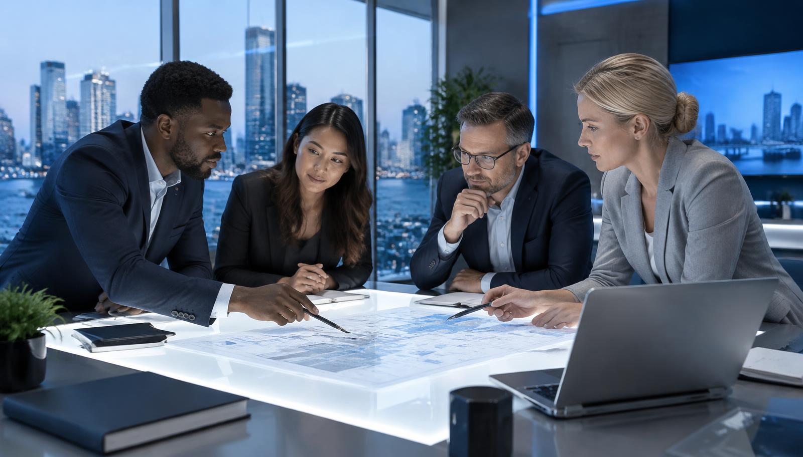 Business consulting team reviewing plans in a modern conference room