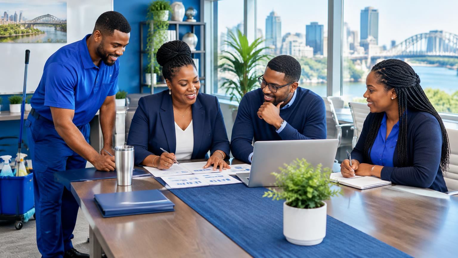 Illustrative service and business team collaborating in an office